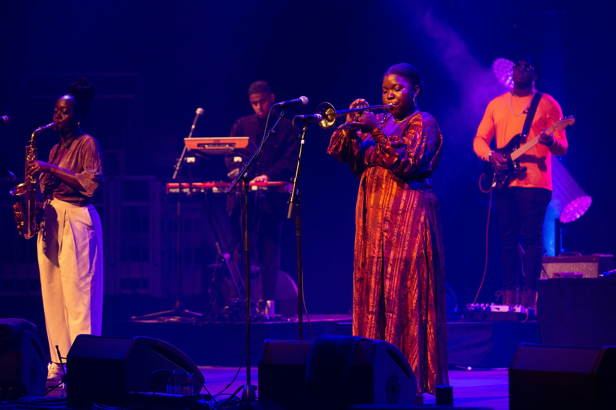 Trumpeter and bandleader Sheila Maurice-Grey with Kokoroko, live "In the Round" at the Roundhouse, London, England, January 2020. Photo by John Williams.
